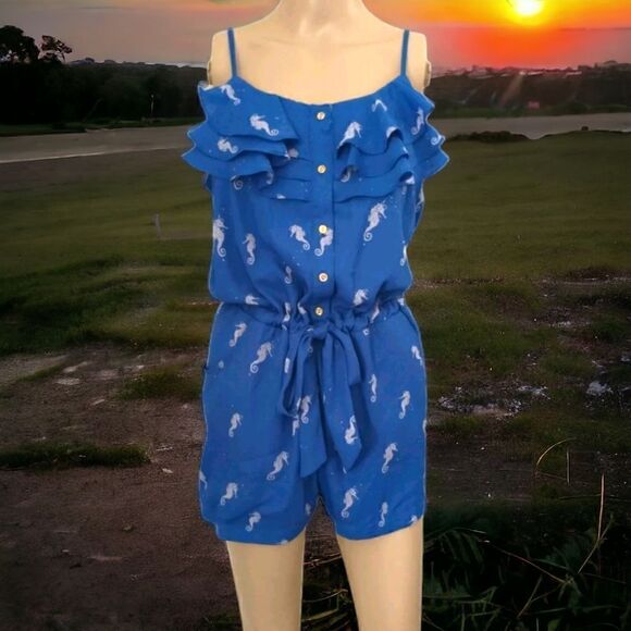 Seahorse Print Romper L Blue One Piece Ruffles Flowy Drawstring Tied Waist - Picture 9 of 16